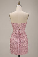Load image into Gallery viewer, Sparkly Pink Ruched Sequin Corset Bodycon Strapless Short Cocktail Dress