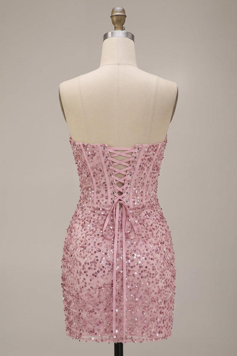 Load image into Gallery viewer, Sparkly Pink Ruched Sequin Corset Bodycon Strapless Short Cocktail Dress