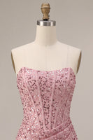 Load image into Gallery viewer, Sparkly Pink Ruched Sequin Corset Bodycon Strapless Short Cocktail Dress