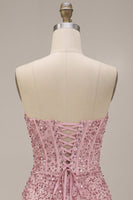 Load image into Gallery viewer, Sparkly Pink Ruched Sequin Corset Bodycon Strapless Short Cocktail Dress