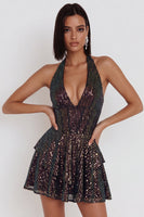 Load image into Gallery viewer, Sparkly Black Sequin Ruffled Tiered Halter A Line Short Cocktail Dress