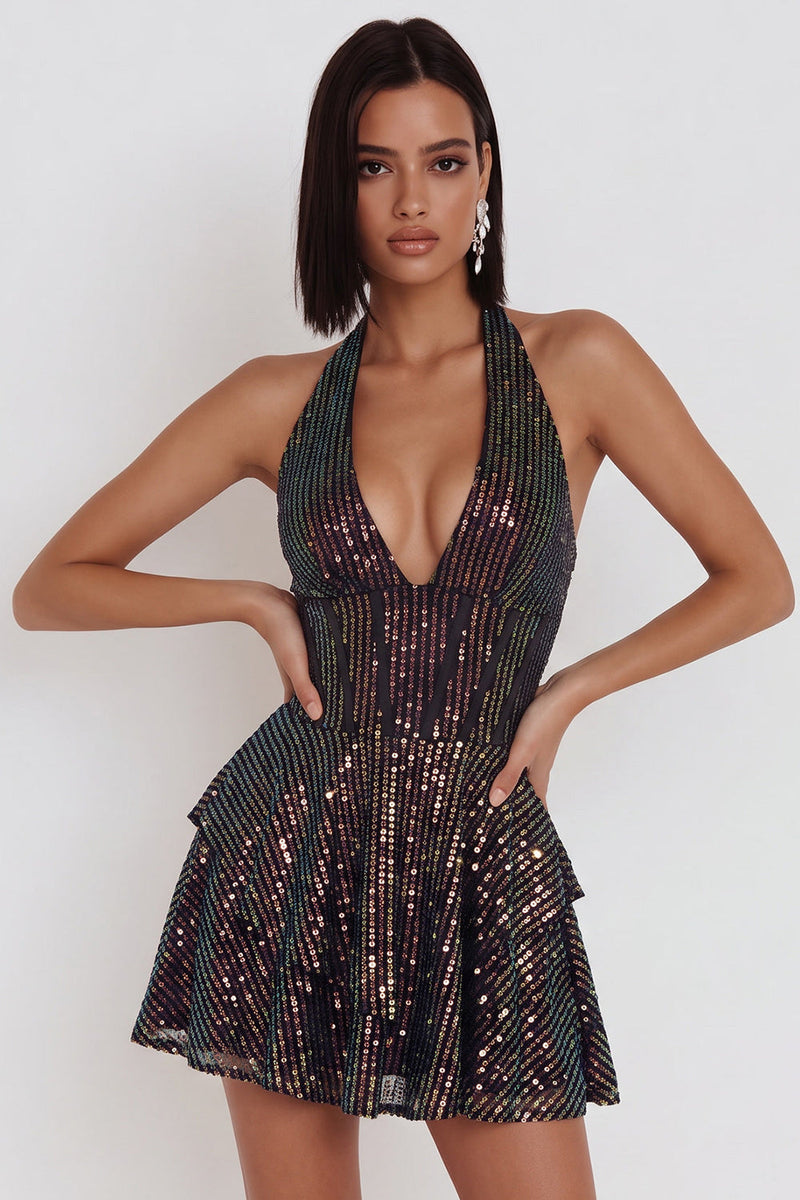 Load image into Gallery viewer, Sparkly Black Sequin Ruffled Tiered Halter A Line Short Cocktail Dress