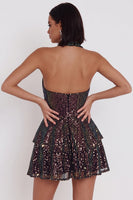 Load image into Gallery viewer, Sparkly Black Sequin Ruffled Tiered Halter A Line Short Cocktail Dress