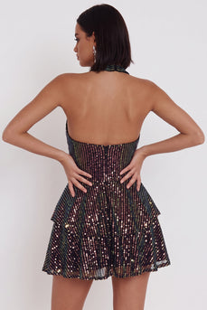 Sparkly Black Sequin Ruffled Tiered Halter A Line Short Cocktail Dress