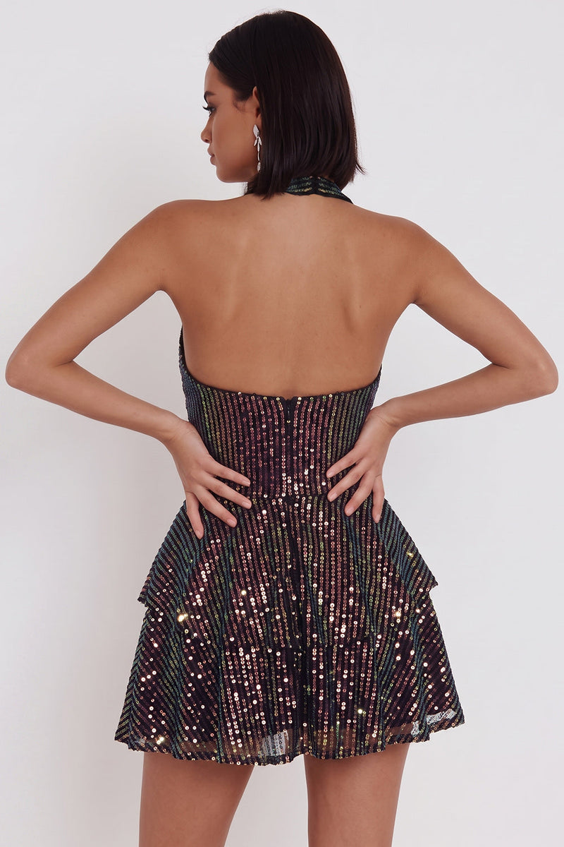 Load image into Gallery viewer, Sparkly Black Sequin Ruffled Tiered Halter A Line Short Cocktail Dress
