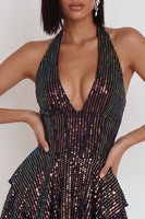 Load image into Gallery viewer, Sparkly Black Sequin Ruffled Tiered Halter A Line Short Cocktail Dress