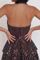 Load image into Gallery viewer, Sparkly Black Sequin Ruffled Tiered Halter A Line Short Cocktail Dress