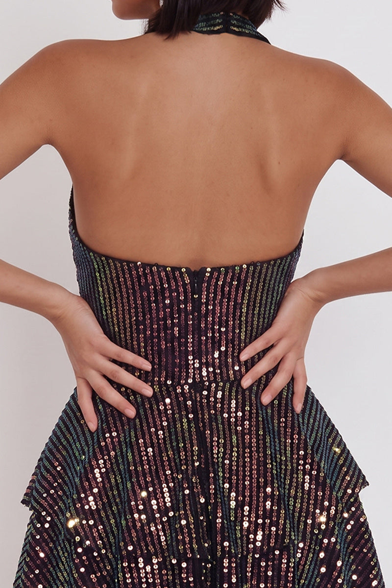 Load image into Gallery viewer, Sparkly Black Sequin Ruffled Tiered Halter A Line Short Cocktail Dress