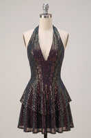 Load image into Gallery viewer, Sparkly Black Sequin Ruffled Tiered Halter A Line Short Cocktail Dress