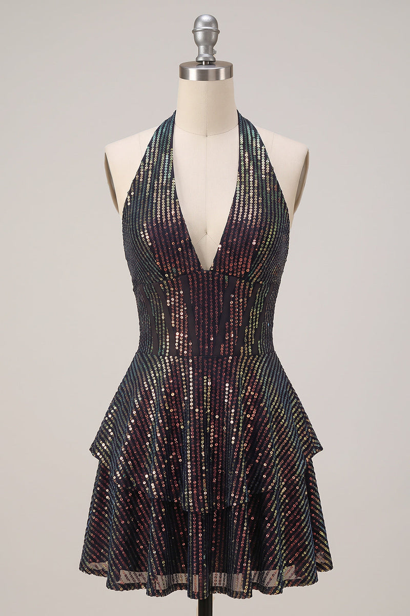 Load image into Gallery viewer, Sparkly Black Sequin Ruffled Tiered Halter A Line Short Cocktail Dress