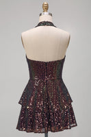 Load image into Gallery viewer, Sparkly Black Sequin Ruffled Tiered Halter A Line Short Cocktail Dress