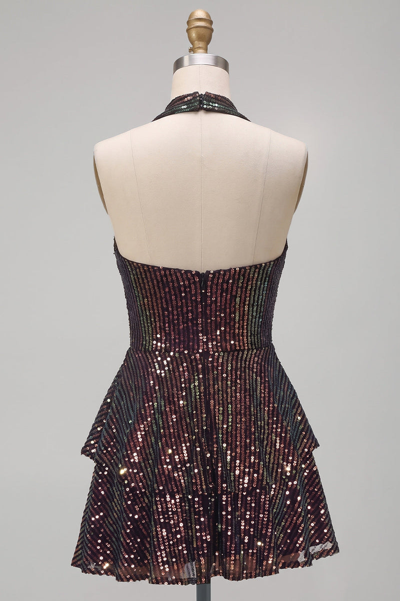 Load image into Gallery viewer, Sparkly Black Sequin Ruffled Tiered Halter A Line Short Cocktail Dress