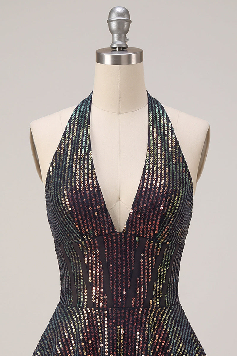 Load image into Gallery viewer, Sparkly Black Sequin Ruffled Tiered Halter A Line Short Cocktail Dress