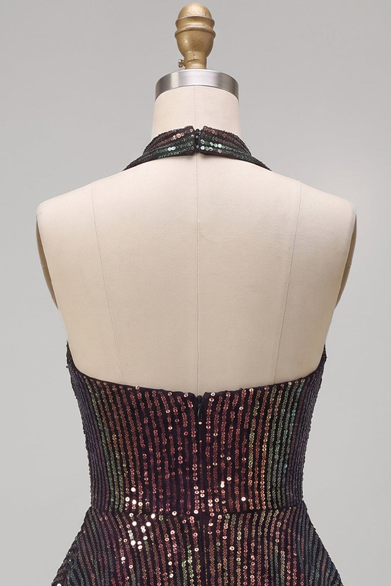 Load image into Gallery viewer, Sparkly Black Sequin Ruffled Tiered Halter A Line Short Cocktail Dress