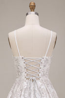 Load image into Gallery viewer, Sparkly White Sequin Floral A Line Spaghetti Straps Short Cocktail Dress with Bow