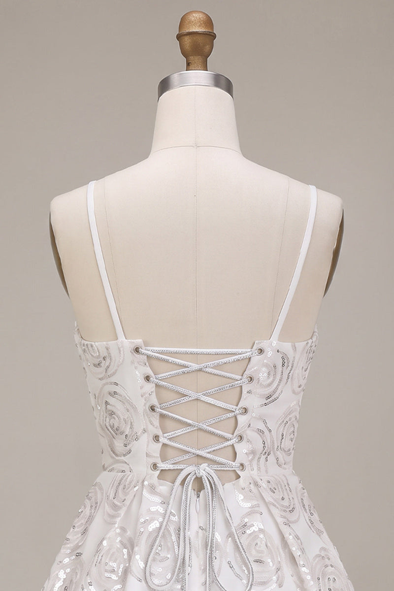 Load image into Gallery viewer, Sparkly White Sequin Floral A Line Spaghetti Straps Short Cocktail Dress with Bow