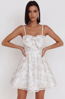 Load image into Gallery viewer, Sparkly White Sequin Floral A Line Spaghetti Straps Short Cocktail Dress with Bow