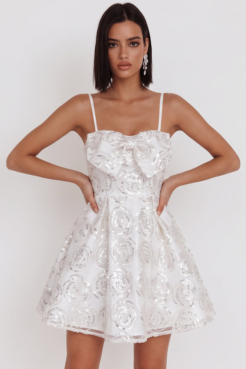 Load image into Gallery viewer, Sparkly White Sequin Floral A Line Spaghetti Straps Short Cocktail Dress with Bow