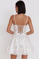 Load image into Gallery viewer, Sparkly White Sequin Floral A Line Spaghetti Straps Short Cocktail Dress with Bow