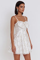 Load image into Gallery viewer, Sparkly White Sequin Floral A Line Spaghetti Straps Short Cocktail Dress with Bow