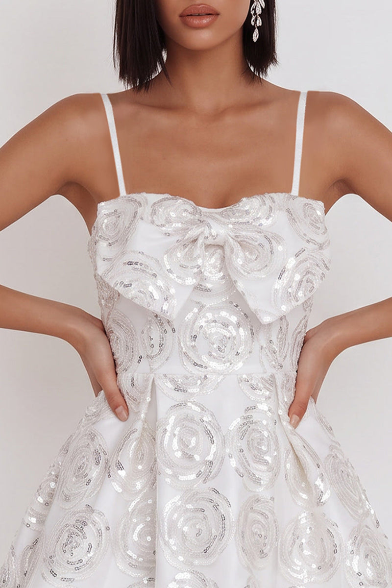 Load image into Gallery viewer, Sparkly White Sequin Floral A Line Spaghetti Straps Short Cocktail Dress with Bow