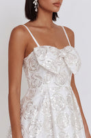 Load image into Gallery viewer, Sparkly White Sequin Floral A Line Spaghetti Straps Short Cocktail Dress with Bow