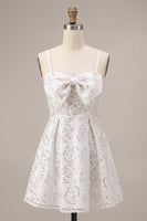 Load image into Gallery viewer, Sparkly White Sequin Floral A Line Spaghetti Straps Short Cocktail Dress with Bow