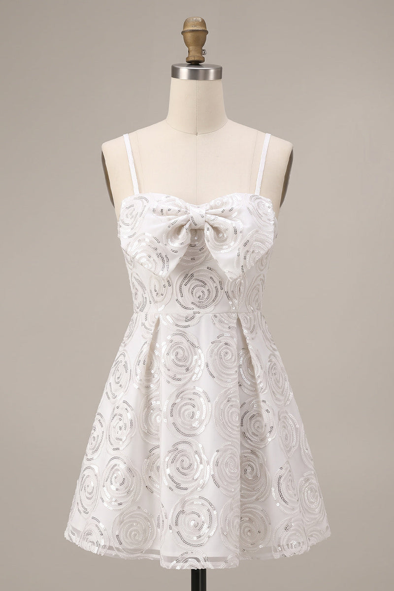 Load image into Gallery viewer, Sparkly White Sequin Floral A Line Spaghetti Straps Short Cocktail Dress with Bow