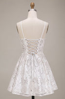 Load image into Gallery viewer, Sparkly White Sequin Floral A Line Spaghetti Straps Short Cocktail Dress with Bow