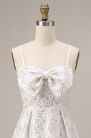 Load image into Gallery viewer, Sparkly White Sequin Floral A Line Spaghetti Straps Short Cocktail Dress with Bow