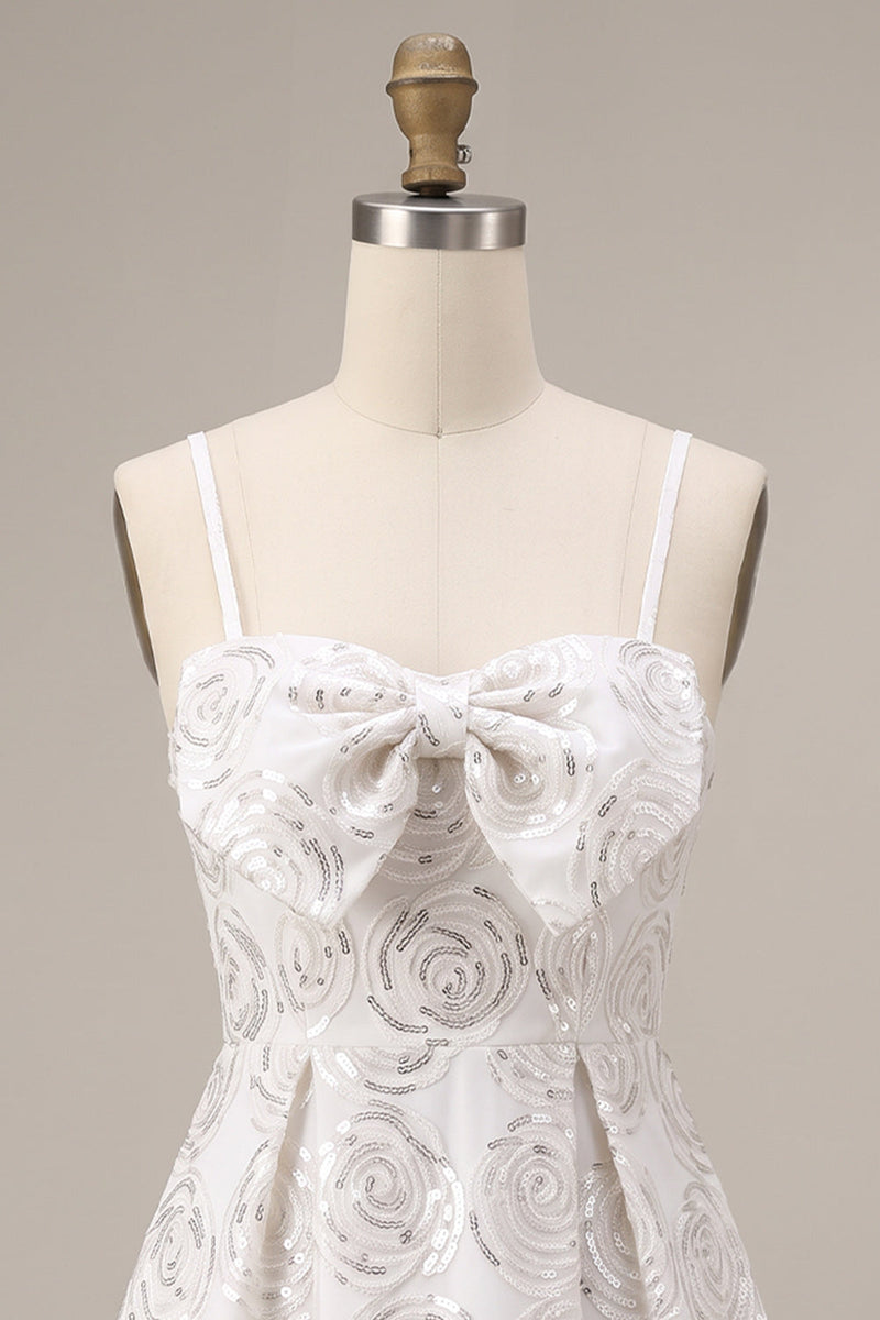 Load image into Gallery viewer, Sparkly White Sequin Floral A Line Spaghetti Straps Short Cocktail Dress with Bow