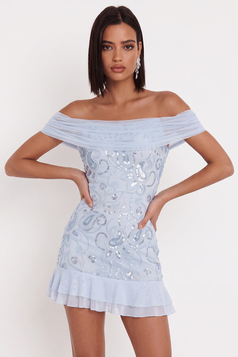 Load image into Gallery viewer, Sky Blue Sparkly Ruffled Tiered Floral Tight Short Cocktail Dress with Sequins