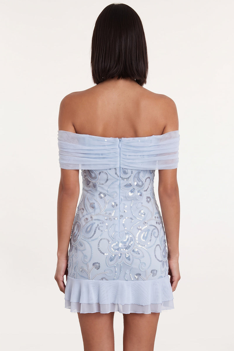 Load image into Gallery viewer, Sky Blue Sparkly Ruffled Tiered Floral Tight Short Cocktail Dress with Sequins