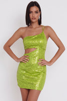 Load image into Gallery viewer, Sparkly Yellow Green Tight Cut Out Sequin Short Cocktail Dress