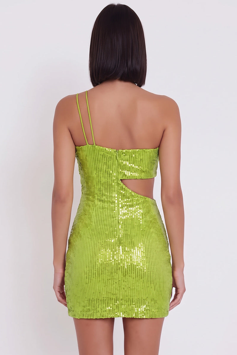 Load image into Gallery viewer, Sparkly Yellow Green Tight Cut Out Sequin Short Cocktail Dress