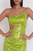 Load image into Gallery viewer, Sparkly Yellow Green Tight Cut Out Sequin Short Cocktail Dress