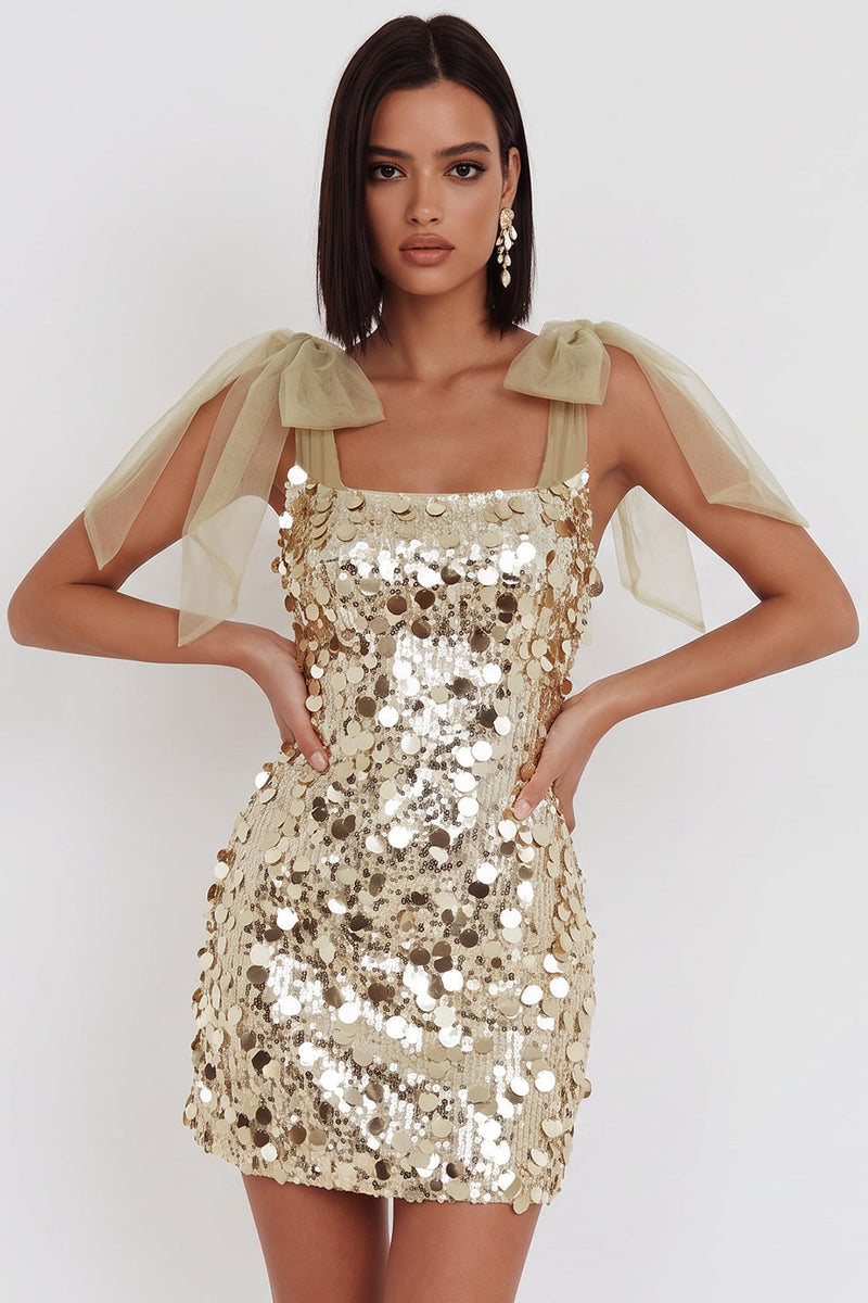 Load image into Gallery viewer, Champagne Sparkly Sequin Bodycon Short Cocktail Dress with Bows