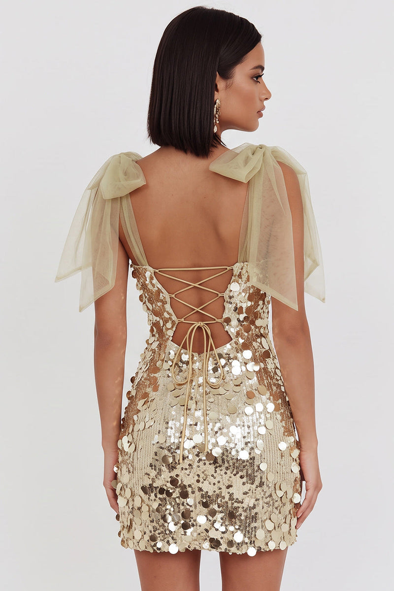 Load image into Gallery viewer, Champagne Sparkly Sequin Bodycon Short Cocktail Dress with Bows