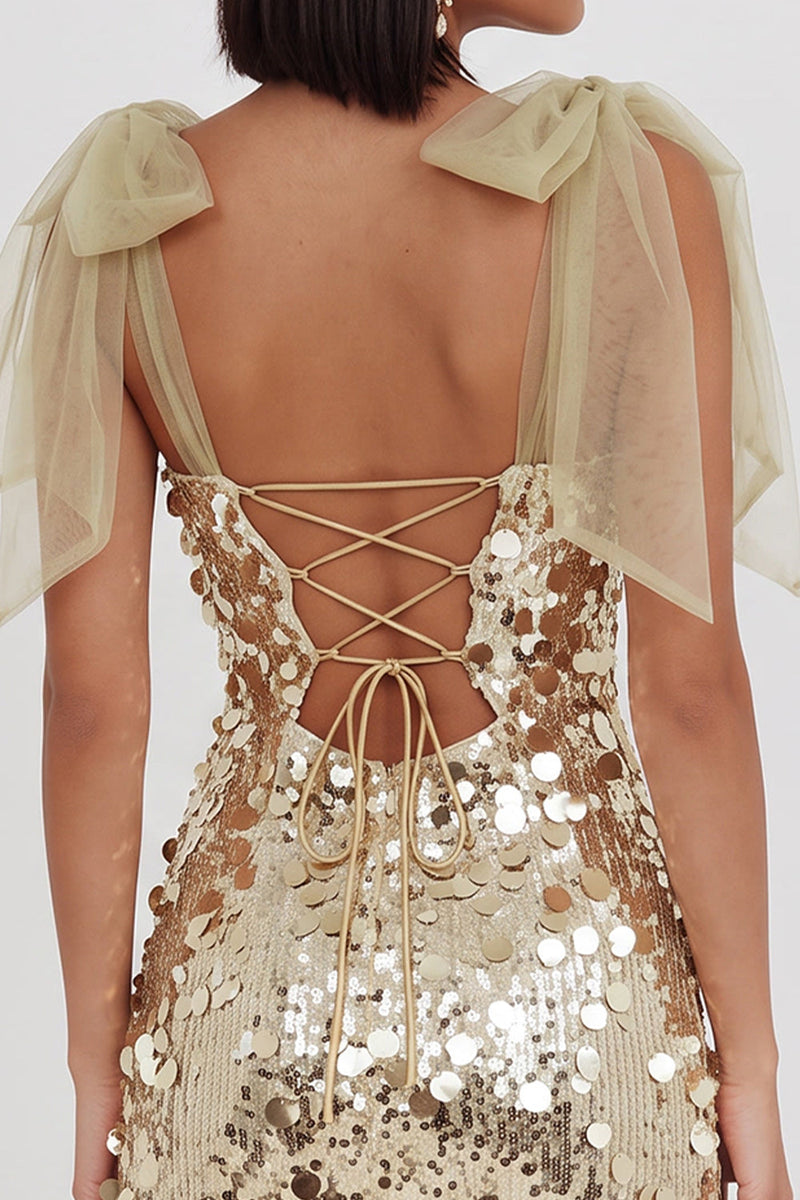 Load image into Gallery viewer, Champagne Sparkly Sequin Bodycon Short Cocktail Dress with Bows
