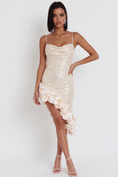 Load image into Gallery viewer, Sparkly Sequin Ivory Tight Ruffled Cowl Neck Asymmetrical Cocktail Dress