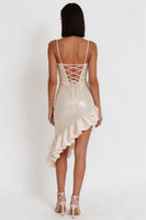 Load image into Gallery viewer, Sparkly Sequin Ivory Tight Ruffled Cowl Neck Asymmetrical Cocktail Dress