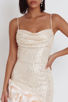 Load image into Gallery viewer, Sparkly Sequin Ivory Tight Ruffled Cowl Neck Asymmetrical Cocktail Dress