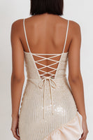 Load image into Gallery viewer, Sparkly Sequin Ivory Tight Ruffled Cowl Neck Asymmetrical Cocktail Dress