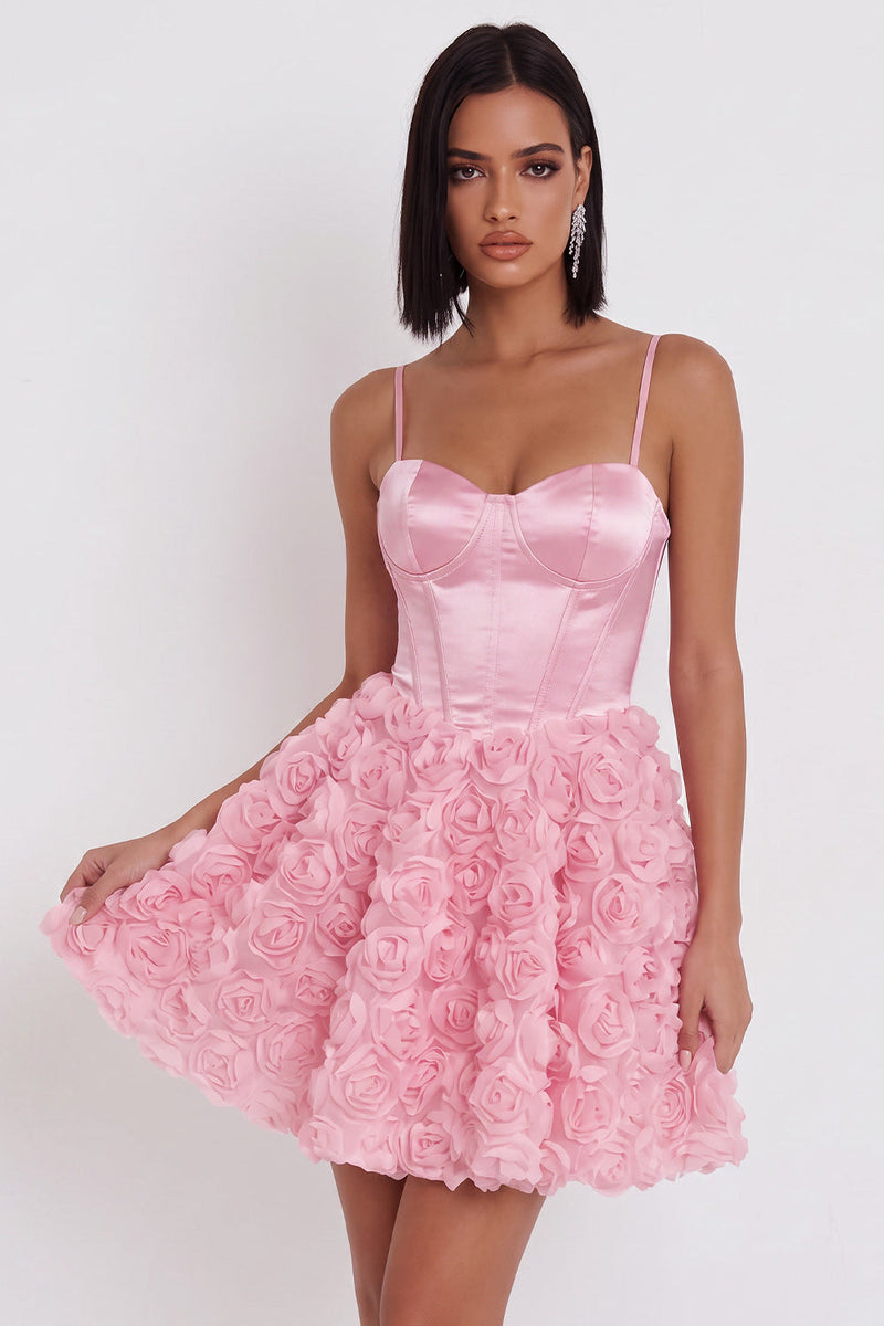 Load image into Gallery viewer, Corset Pink A Line Satin Short Cocktail Dress with 3D Flowers