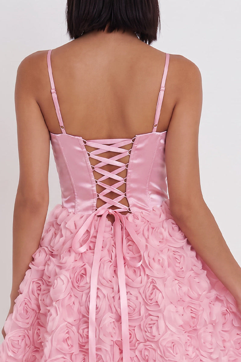 Load image into Gallery viewer, Corset Pink A Line Satin Short Cocktail Dress with 3D Flowers