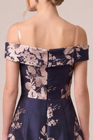 Load image into Gallery viewer, Floral Dark Navy Off The Shoulder Satin A Line Long Mother of the Bride Dress