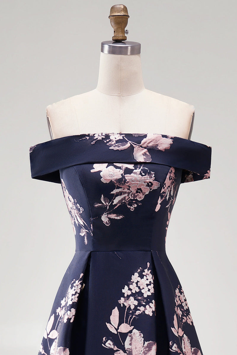 Load image into Gallery viewer, Floral Dark Navy Off The Shoulder Satin A Line Long Mother of the Bride Dress