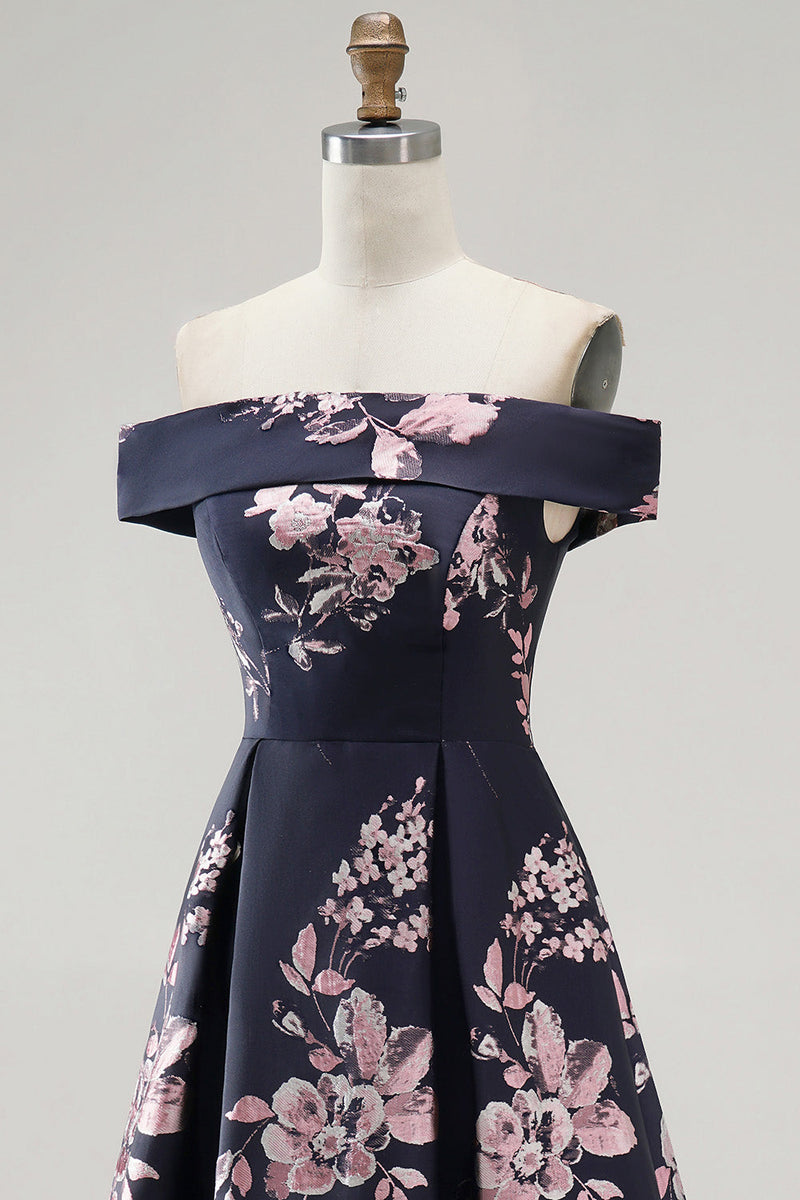 Load image into Gallery viewer, Floral Dark Navy Off The Shoulder Satin A Line Long Mother of the Bride Dress
