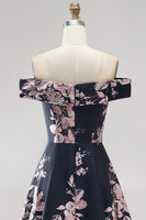 Load image into Gallery viewer, Floral Dark Navy Off The Shoulder Satin A Line Long Mother of the Bride Dress