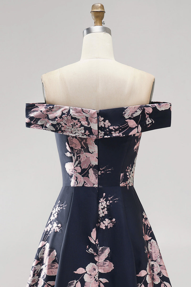 Load image into Gallery viewer, Floral Dark Navy Off The Shoulder Satin A Line Long Mother of the Bride Dress
